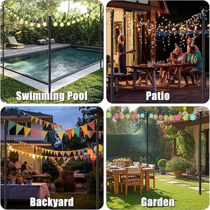 10Ft String Light Poles 6 Pack for Outside, Metal Outdoor Light Poles with 5 Prongs for Garden Patio Backyard Deck, Fence Bracket Hanging Light for Party Wedding Decor