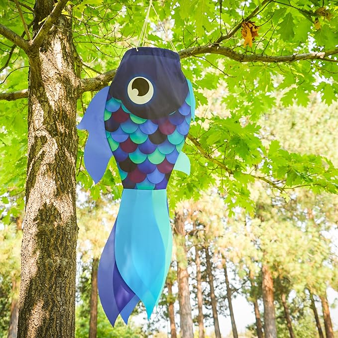 In the Breeze 5219 — 30-inch Cool Damsel Fish Windsock — Colorful Blue Fishsock Hanging Garden Décor with Detailed Printed Graphics