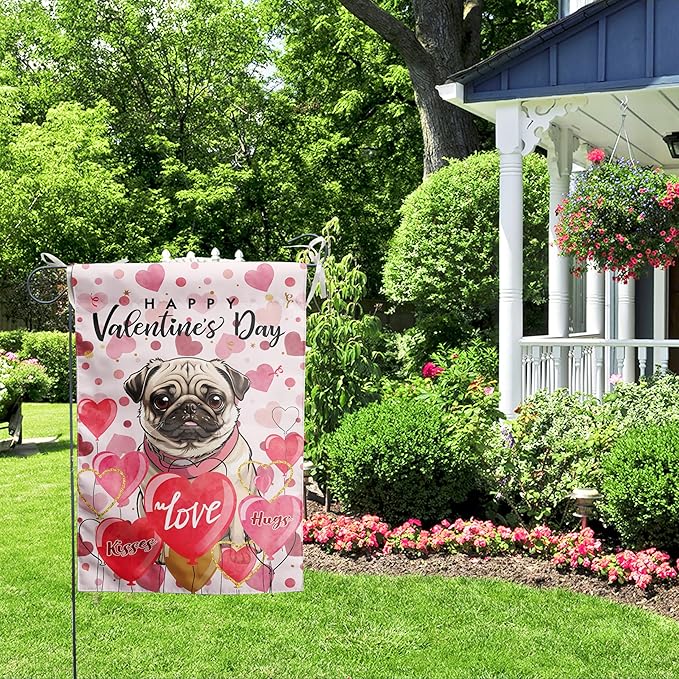 Pug Valentine Garden Flag Valentines Day Flags for Outside 12x18 Double Sided Small Yard Flags Dog Valentine's Day Decor Outdoor Lawn Valentines Banner