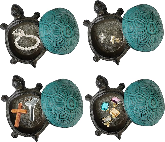 BSTGIFTS Cast Iron Turtle Key Hider - Spare Key Holder & Garden Decoration - Trinkets Box for Jewelry, Ear Studs, Ring & Paper Clips (Antique Blue)