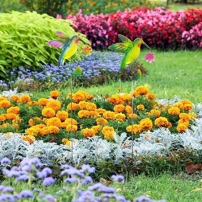 Hummingbird Metal Garden Stakes – 2 Pcs Vibrant Yard Decor with Colorful Design – Durable Lawn Outdoor Plant Picks for Flower Beds, Pathways, or Plant Pots – Great Gift for Garden & Nature Lovers