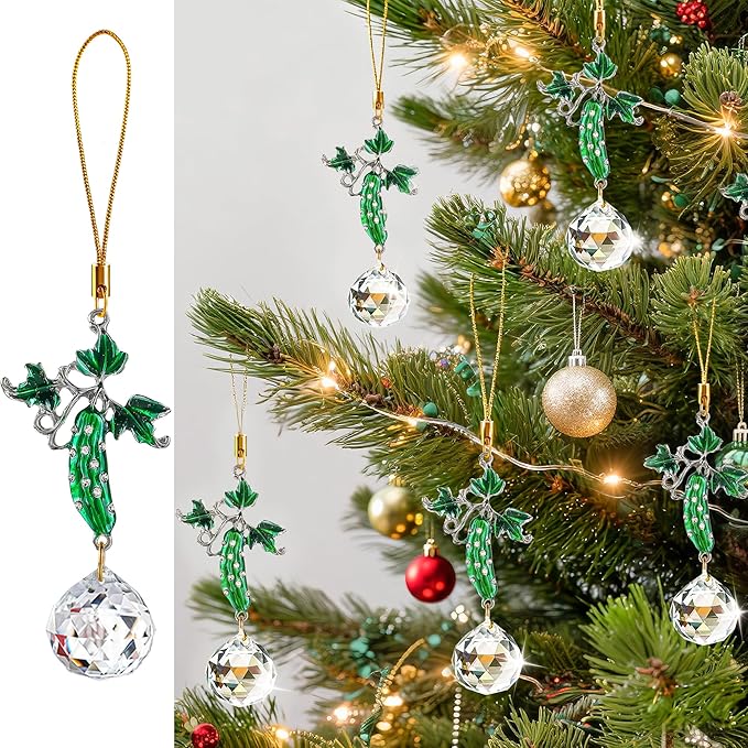H&D HYALINE & DORA Set of 6 Rhinestones Pickle Crystal Suncatcher Pendant Cucumber Rainbow Pickle Sun Catcher Onraments for Tree Windows Garden Home Decor