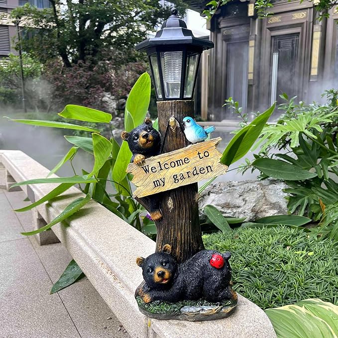 19 Inches Bear Statue Welcome Sign Garden Statue with Solar Lights, Resin Bear Family on The Tree, Outdoor Bear Décor for Yard, Garden, Lawn, Patio, Black and Brown Animal Statue
