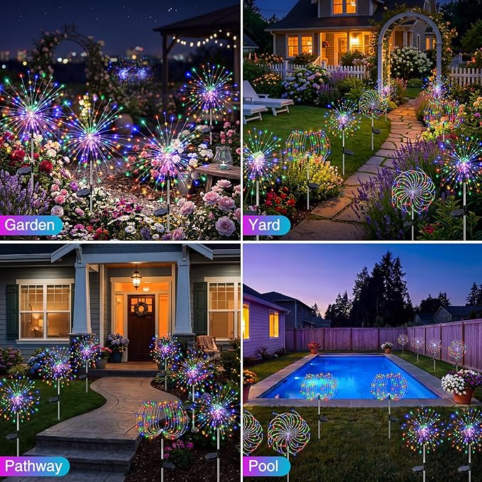 btfarm 4 Pack 120 LED Solar Garden Lights Outdoor, 8 Modes Firework Lights Solar Powered, Waterproof Twinkle Fairy Light Outside for Yard Patio Pathway Pool Christmas Party Decorative, Multicolor