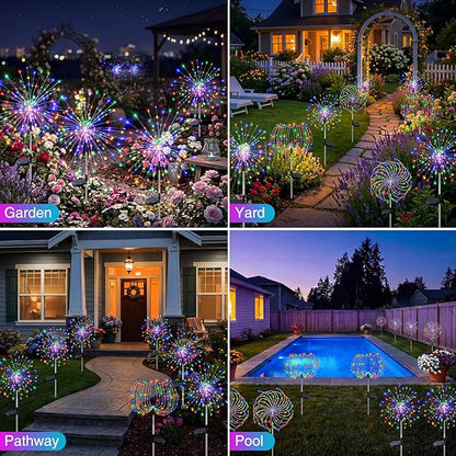 btfarm 4 Pack 120 LED Solar Garden Lights Outdoor, 8 Modes Firework Lights Solar Powered, Waterproof Twinkle Fairy Light Outside for Yard Patio Pathway Pool Christmas Party Decorative, Multicolor