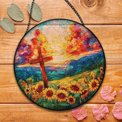Christian Cross Suncatcher Garden Stained Glass Window Hanging, Christian Sunset Flower Sun Catchers Indoor Window Glass Round Wall Decor, Religious Wall Art Hanging Decorations, ＂7.8x7.8＂