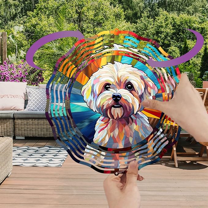 Maltese Dog Wind Spinner Pet Dog Memorial Gifts, Vibrant 3D Kinetic Aluminum Metal Yard Art, Loss of Dogs Sympathy Gifts, Hanging Outdoor Garden Decor, 8" Wind Sculptures for Patio, Porch (Maltese8)