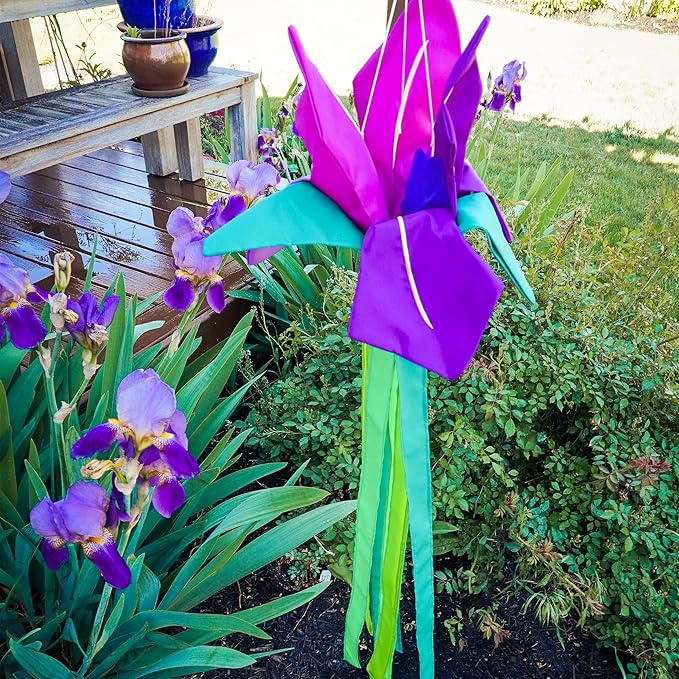In the Breeze 5227 — Iris Windtail — Colorful 3D Purple Flower Windsock with Flowing Tails