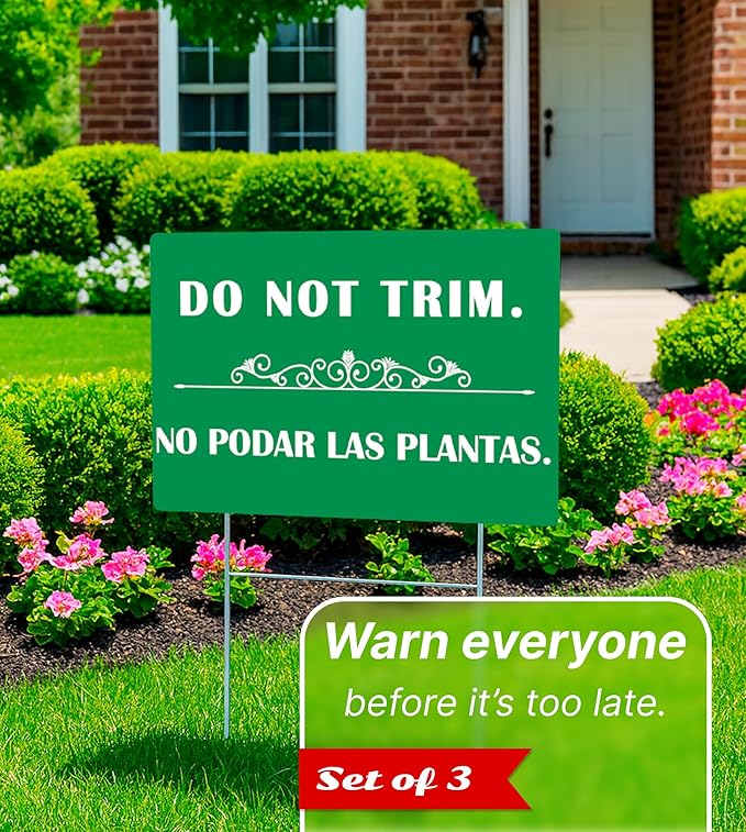 3 Pcs 12x8 Inches Corrugated Plastic Do Not Trim Yard Signs with Metal Stakes - Bilingual Plastic Plant Signs or Garden Markers for Outdoor Lawn - Double Sided No Trim or Mow Signs