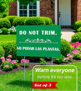 3 Pcs 12x8 Inches Corrugated Plastic Do Not Trim Yard Signs with Metal Stakes - Bilingual Plastic Plant Signs or Garden Markers for Outdoor Lawn - Double Sided No Trim or Mow Signs