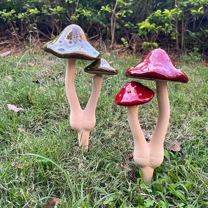 2pcs Ceramic Mushroom Garden Stake, Fairy Garden Figurines Decoration,Yard Outdoor Mushroom Decor, 11.8" in Height