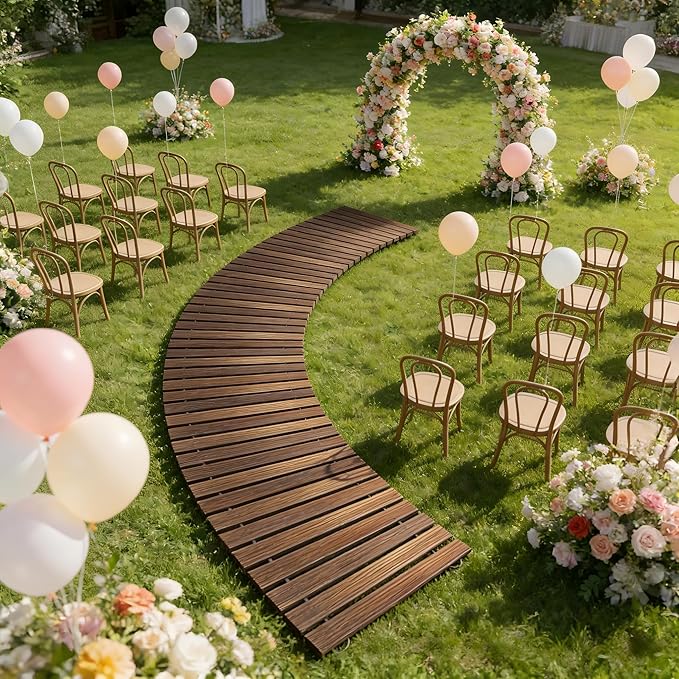 6FT Curved Wooden Garden Pathway Walkway Outdoor Roll Out Decorative Garden Non-Slip Patio Path Decorative Boardwalk Outdoor Road Floor for Backyard Beach Wedding Party