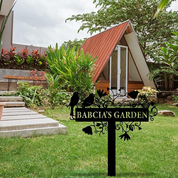 Custom Metal Garden Sign with Flowers, Personalized Garden Metal Stake with Birds, Flower Garden Name Decor, Custom sign for Outside, Customized Gardening Decoration, Yard Art, Gift for Mom, Grandmom