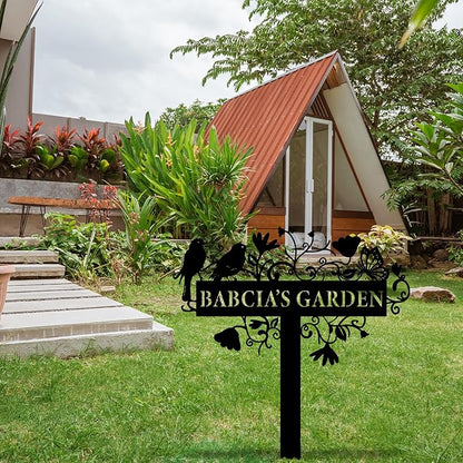 Custom Metal Garden Sign with Flowers, Personalized Garden Metal Stake with Birds, Flower Garden Name Decor, Custom sign for Outside, Customized Gardening Decoration, Yard Art, Gift for Mom, Grandmom