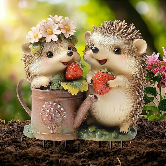 Garden Stake Decor, Acrylic 2D Flat Cute Animal Statue, Fairy Sculptures Ornament Indoor Outdoor Yard Lawn Pot Plant Decorative Accessories (Two Hedgehogs)