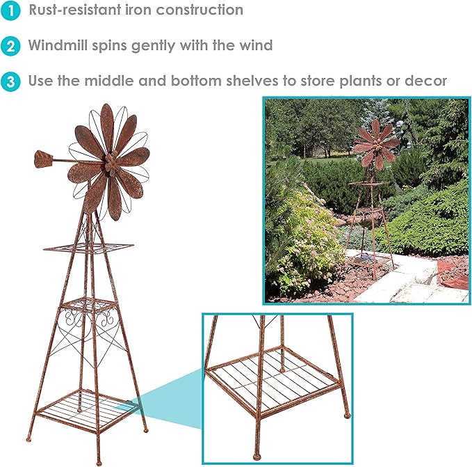 Sunnydaze 51-Inch Rustic Windmill Metal Garden Statue with Tiers - Yard Art, Lawn and Garden Sculpture Decor - Brown/Copper