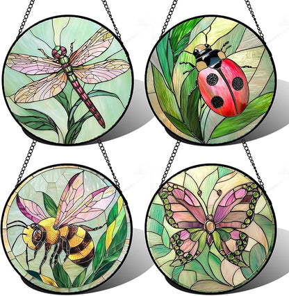 DASTOLL Stained Glass Window Hanging 4 Pcs Set Pink Green Insect Theme 6.3" - Butterfly Suncatcher Door Garden Sun Catcher Decor Birthday Christmas for Mom Woman Nana Men