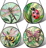 DASTOLL Stained Glass Window Hanging 4 Pcs Set Pink Green Insect Theme Large 11.8" - Butterfly Suncatcher Door Garden Sun Catcher Decor Birthday Christmas for Mom Woman Nana Men