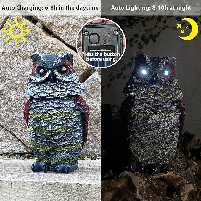 Owls to Keep Birds Away, Solar Owl Decoys to Scare Birds Away, Small Fake Owl for Bird Control, Resin Owls Outdoor Decor with Rotating Head and Lighted Eyes, Animal Deterrent for Outside, Garden