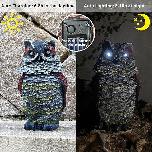 Owls to Keep Birds Away, Solar Owl Decoys to Scare Birds Away, Small Fake Owl for Bird Control, Resin Owls Outdoor Decor with Rotating Head and Lighted Eyes, Animal Deterrent for Outside, Garden