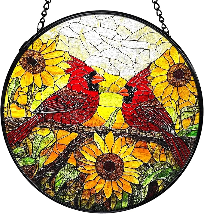 Sunflower Cardinal Suncatchers Stained Glass Window Hanging, Cardinal Gifts for Women, Sunflower Sun Catchers Indoor Window Glass Round Wall Decor, Flower Wall Hanging Decorations, 7.9x7.9in