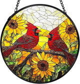 Sunflower Cardinal Suncatchers Stained Glass Window Hanging, Cardinal Gifts for Women, Sunflower Sun Catchers Indoor Window Glass Round Wall Decor, Flower Wall Hanging Decorations, 7.9x7.9in