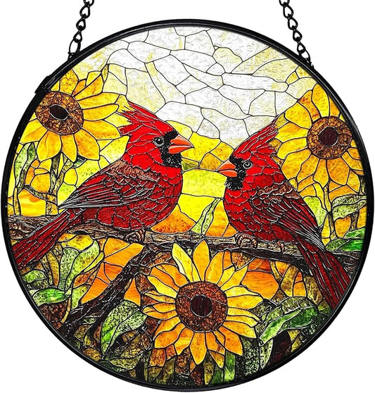 Sunflower Cardinal Suncatchers Stained Glass Window Hanging, Cardinal Gifts for Women, Sunflower Sun Catchers Indoor Window Glass Round Wall Decor, Flower Wall Hanging Decorations, 7.9x7.9in