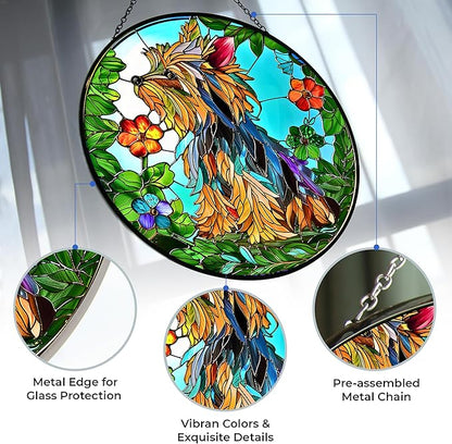 Yorkie Stained Glass Suncather Window Hangings, Suncatchers Glass Panel Sun Catchers Gifts Home Decor Garden Christmas Halloween Wedding 11.8"