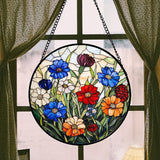 Stained Glass Suncatcher, Colorful Flowers Green Leaf Sun Catcher Landscape Stain Glass Window Hanging Decoration Mother's Day Birthday Gifts for Women Men Mom Nana 15 in