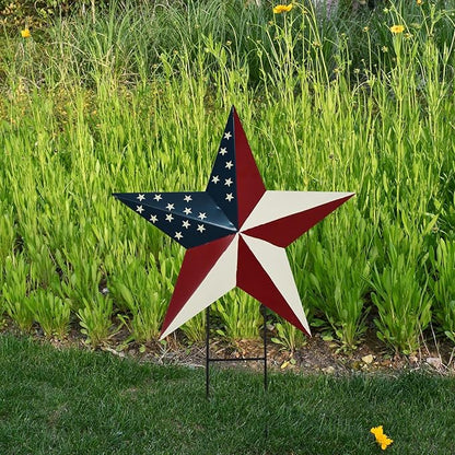 Linfevisi American Flag Star Yard Signs 24 Inch Metal Patriotic Barn Stars Garden Stakes US Flag Outdoor 4th of July Decorations Memorial Day Yard Art Lawn Ornaments Patio for Outside