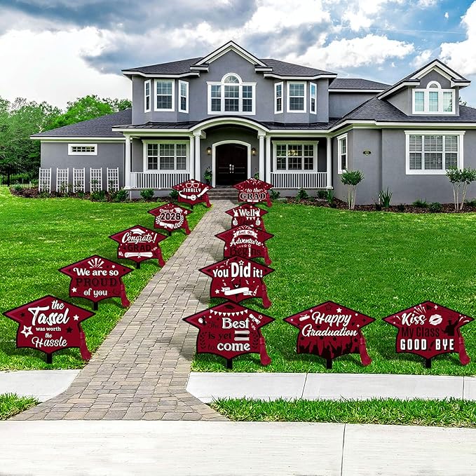 Chunful 12 Pack Graduation Yard Signs Grad Decoration 2026 Happy Graduate Lawn Garden Sign with Stake Congrats Outdoor Plastic Cap Hanging Ornament for Class Pathway Walkway Porch Party(Maroon)