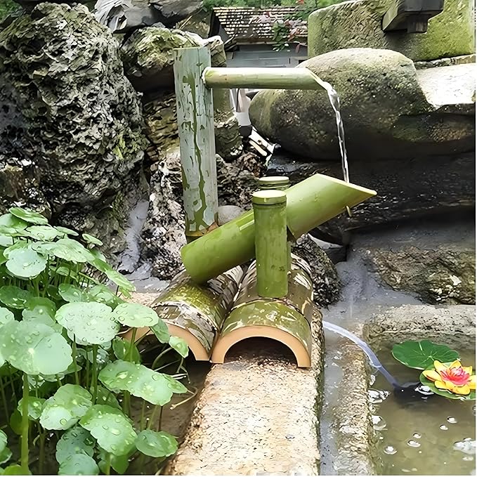 Powered Bamboo Water Fountain, Fountain Japanese Garden Waterfall Nozzle Outdoor 100% Handmade, Decor，