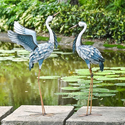 TERESA'S COLLECTIONS Garden Decor Blue Heron Metal Yard Art,38-42" Large Metal Cranes Sculptures & Statues Heron Decoy for Outdoor Indoor Decorations,Outside Patio,Pool, Lawn,Set of 2,Gift for Mom
