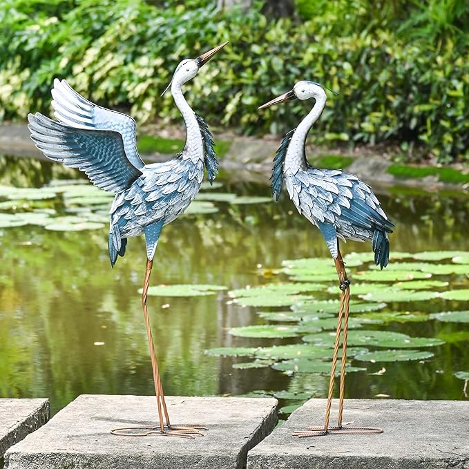 TERESA'S COLLECTIONS Garden Decor, Set of 2 Herons Garden Decor, 23-25", Elegant Herons with Blue Painting, Waterproof Metal Garden Statue, Birthday Gifts for Women Mom