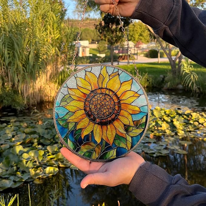 Sunflower Stained Glass Window Ornaments, Painted Suncatchers, Patio Decor, Outdoor Garden Decor, Balcony Decor, Home Decor, Glass Art, 7.8 inch