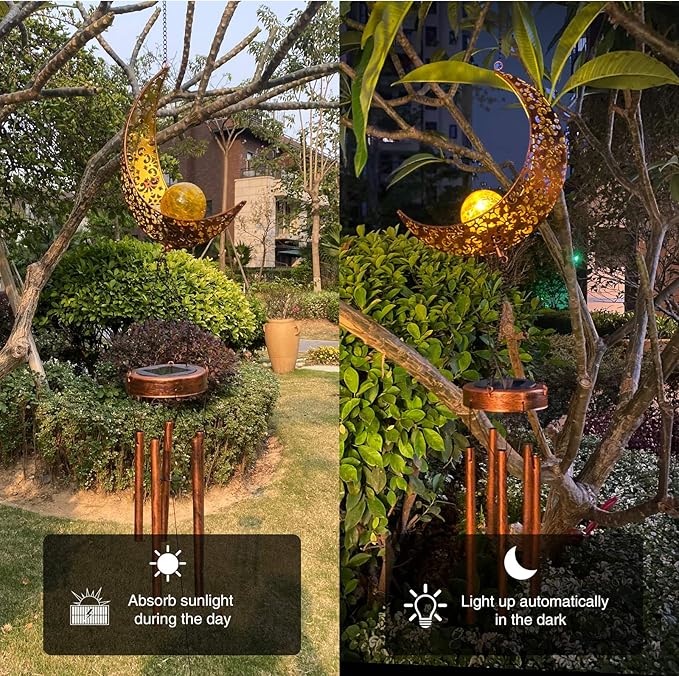 Solar Moon Wind Chimes Outdoor, Waterproof Moon Wind Bells Light Clearance for Outside, Unique Gifts for Mother's Day, Children's Day, Birthday, Mom, Women, Decor for Garden, Yard, Party