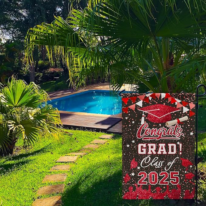 Graduation Garden Flag Class of 2025, Red Congrats Grade Flag for Outside Party Hanging Decorations 12x18 Inch Burlap