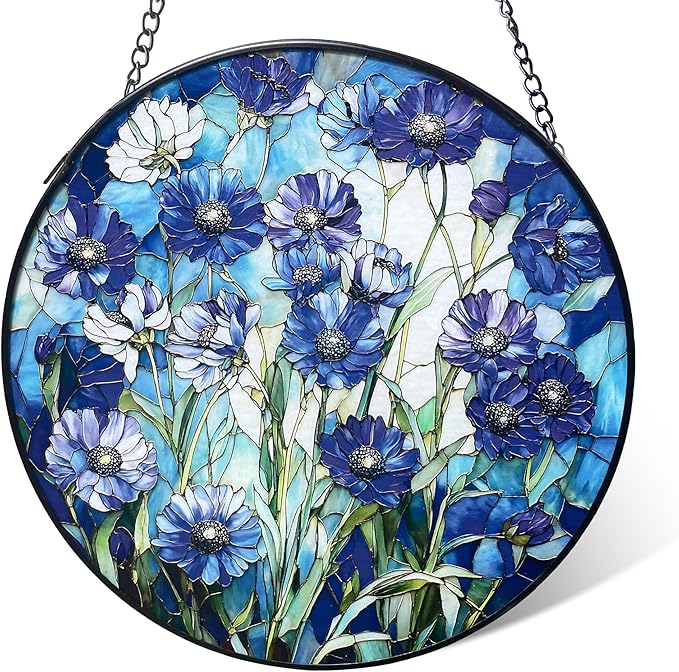 Stained Glass Blue Daisy Flower Suncatcher 7.8 Inch Rainbow Maker Window Hanging for Garden Outdoor Home Decor, Mom Friends Gift for Housewarming Birthday Christmas