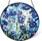 Stained Glass Blue Daisy Flower Suncatcher 7.8 Inch Rainbow Maker Window Hanging for Garden Outdoor Home Decor, Mom Friends Gift for Housewarming Birthday Christmas