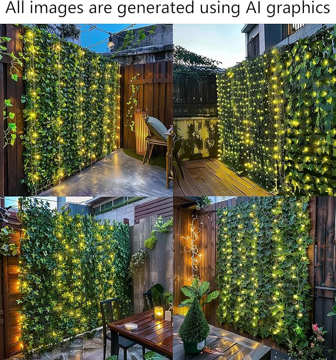 Artificial Ivy Privacy Fence with Lights 120x40in Grass Wall Screen Fake Vines Balcony Fence Privacy Screen Cover, Faux Ivy Leaf Hedge Panels Wall Decoration