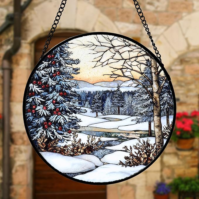 DASTOLL Stained Glass Window Hanging, Winter Snow Landscape Suncatcher Diamond Glass Panel Sun Catchers Decor for Birthday for Women, Men, Wife, Aunt, and Mom 7.8 in