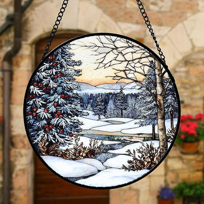 DASTOLL Stained Glass Window Hanging, Winter Snow Landscape Suncatcher Diamond Glass Panel Sun Catchers Decor for Birthday for Women, Men, Wife, Aunt, and Mom 7.8 in