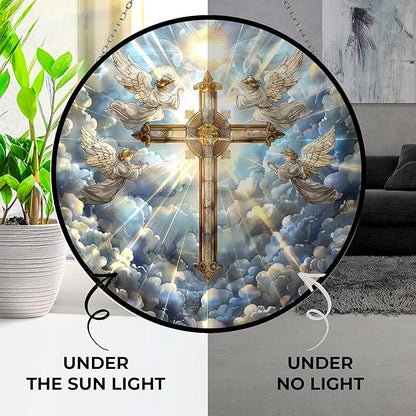 Jesus Cross Suncatcher Stained Glass Window Hanging Handmade Stained Glass Suncatchers Metal Chain Outdoor Garden Decor Gift for Women Christmas Thanksgiving