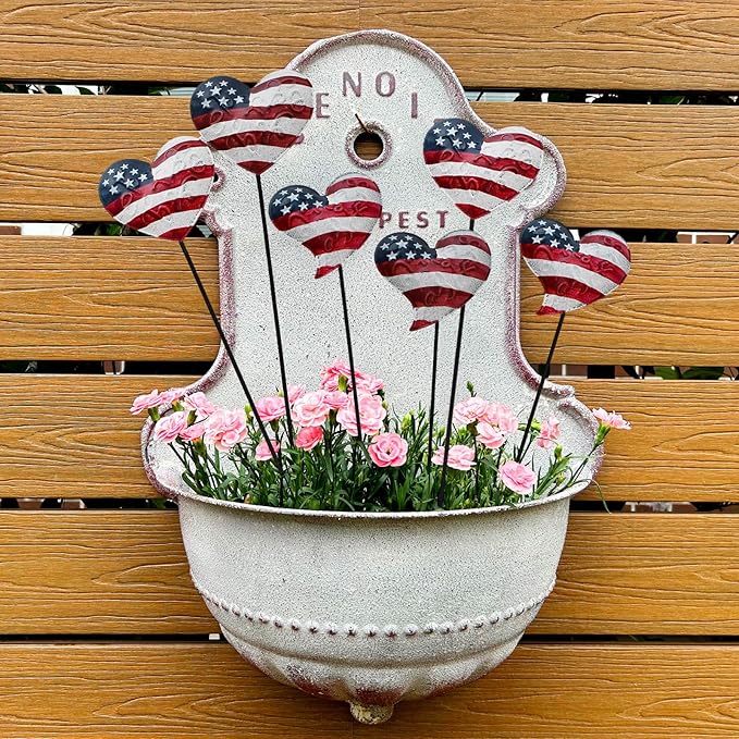 4 Set 12.4" H Metal Heart American Flag Garden Stakes Patriotic US Flag Yard Signs Lawn Decor for Garden Patio Plant Pot Memorial Day 4th of July Independence Day Decorations