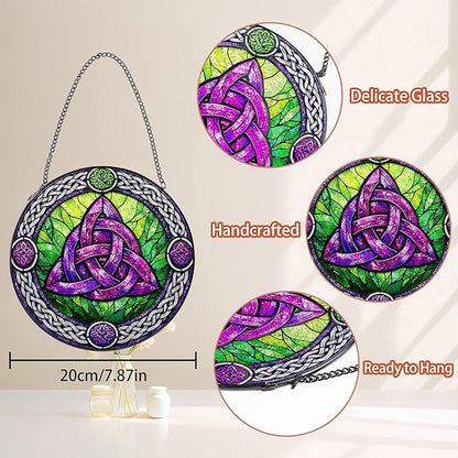 Stained Glass Window Hanging Suncatcher, 8" Round Celtic Knot Sun Catcher, Purple and Green Decorative Glass Art for Home Garden, Gift for Women Mom Gradma