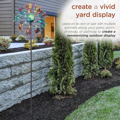 Alpine Corporation 60" Tall Outdoor Solar Metal Butterfly Wind Spinners with Color Changing LED Lights, Garden Decor, Multicolor