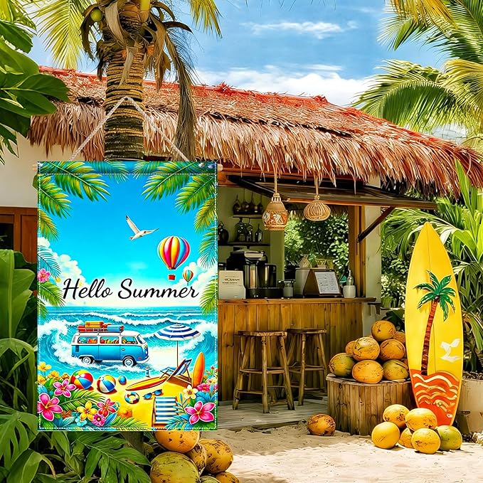 BlissYard Hello Summer Beach Garden Flag 12x18 Double Sided Vertical Outdoor Decor Van Surf Ocean Tropical Yard Garden Lawn Banner Coastal Seasonal Display