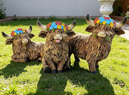 LEGIFO Highland Cow Figurine Set of 3, Funny Art Sculpture for Garden Backyard Patio Lawn Decorations, Outdoor Decor Statue Gift for Women Mom Grandma, Christmas Birthday