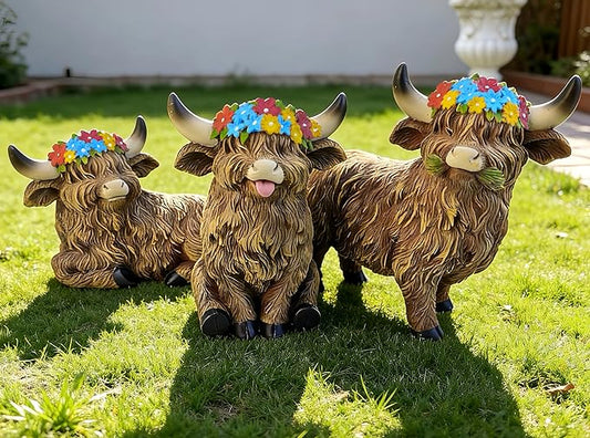 LEGIFO Highland Cow Figurine Set of 3, Funny Art Sculpture for Garden Backyard Patio Lawn Decorations, Outdoor Decor Statue Gift for Women Mom Grandma, Christmas Birthday
