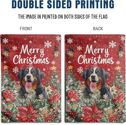 Christmas Bernese Mountain Garden Flag Merry Christmas Dog Yard Flag for Outside Xmas Flags 12x18 Double Sided Red Poinsettia Garden Flags Winter Porch Decorations Outdoor